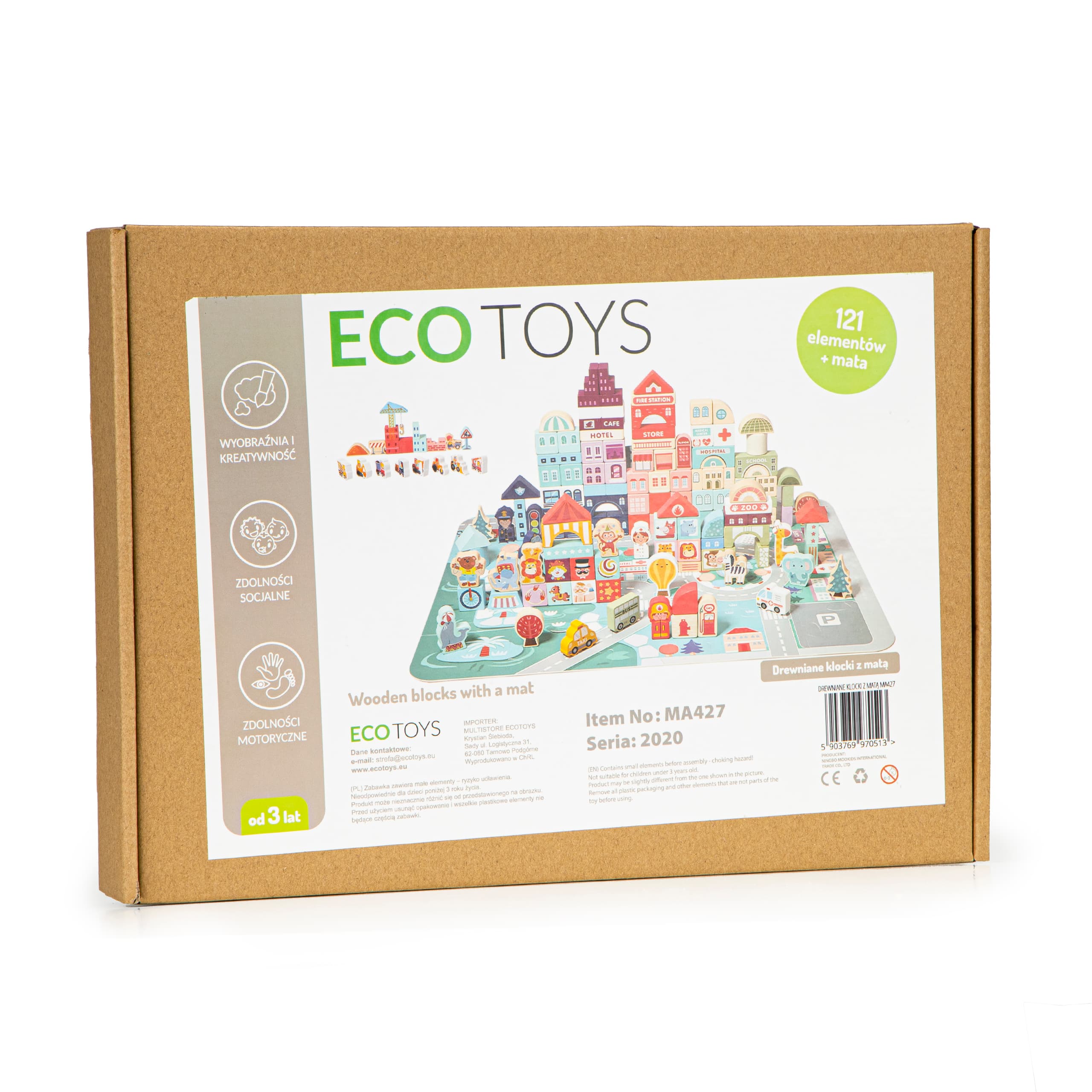 Drewniane klocki edukacyjne miasto mata 121 sztuk ECOTOYS